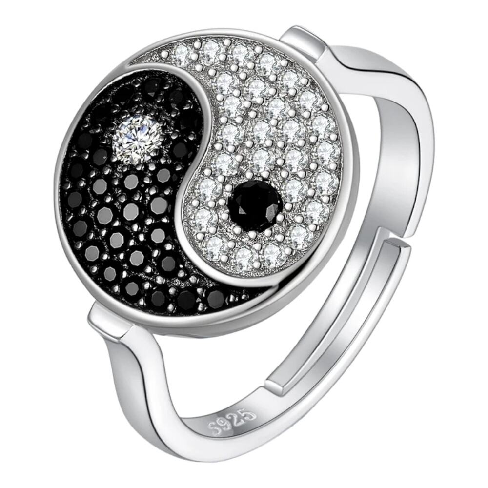 Rhodium Plated Silver Pave` White and Black Spinel Round Yin Yang Ring